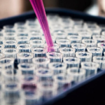 A blue tray with clear plastic tubes, a pink pipette, and a laboratory setting.
