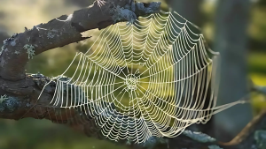 A delicate spider web stretched between the branches of a tree, glistening in the sunlight with a soft forest background in gentle focus.
