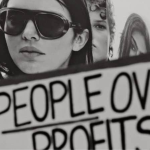 Woman holding sign people over profits
