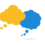 Yellow and blue thought bubbles representing different points of view in mediation.