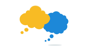 Yellow and blue thought bubbles representing different points of view in mediation.