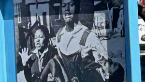 Sam Nzima's historical photo of Mbuyisa Makhubu carrying Hector Pieterson alongside Antoinette.